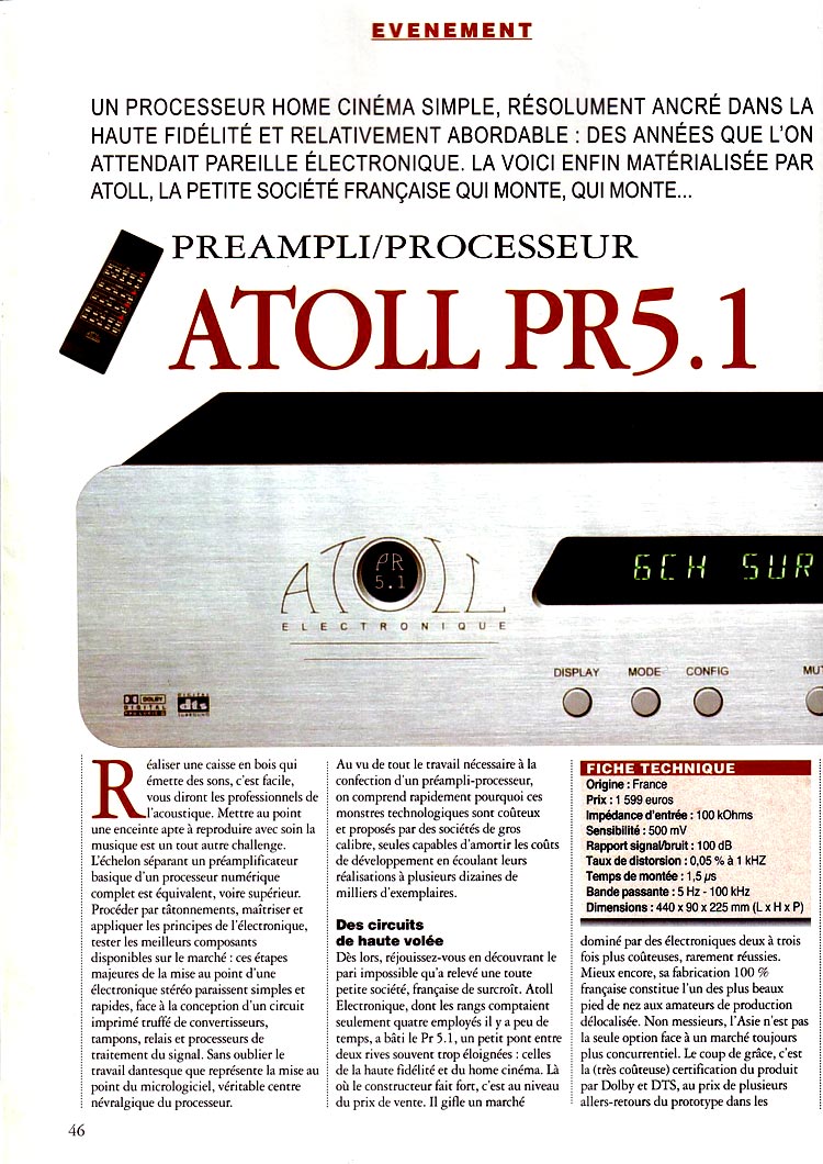 Audio On Line haute fidelite - banc d'essai du préampli Atoll pr5.1 partie 1