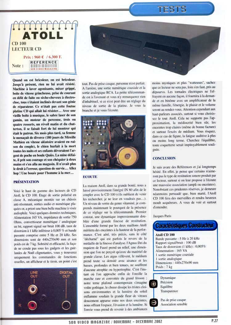 Audio On Line haute fidelite - banc d'essai Atoll CD100 dans le magazine haute fidélité