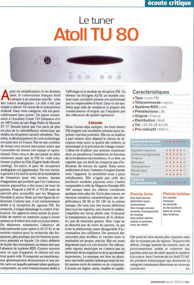 Audio On Line - banc d'essai du tuner FM Atoll TU80